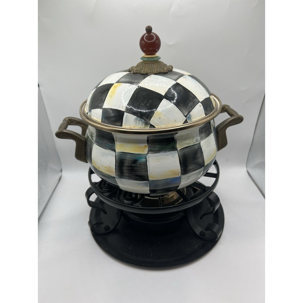 MacKenzie-Childs Courtly Check Ceramic Fondue Pot Set Lid & Stand
